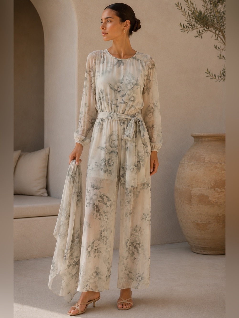 Vintage Sheer Floral Jumpsuit with Scarf | Romantic Wide Leg One Piece
